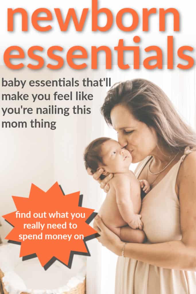 a new mom is standing in front of a window kissing her newborn baby, the text reads "newborn essentials: baby essentials that'll make you feel like you're nailing this mom thing"